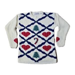 Vintage Christmas Sweater Karen Scott Hearts Trees Candy Cane Ivory Women’s S